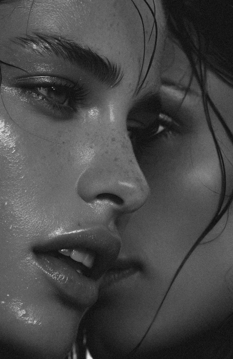 Editorial side-profile portrait of a woman with luminous, even-toned skin in soft dramatic light.