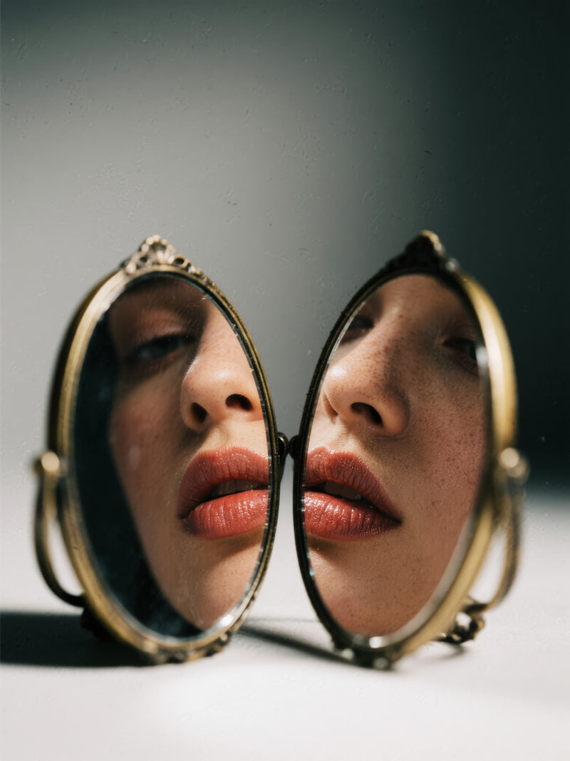 A woman's face reflected in two small vintage mirrors, lips and skin in soft light.