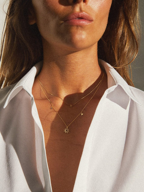 Woman in a white shirt and layered gold necklaces, jawline and neck in soft light
