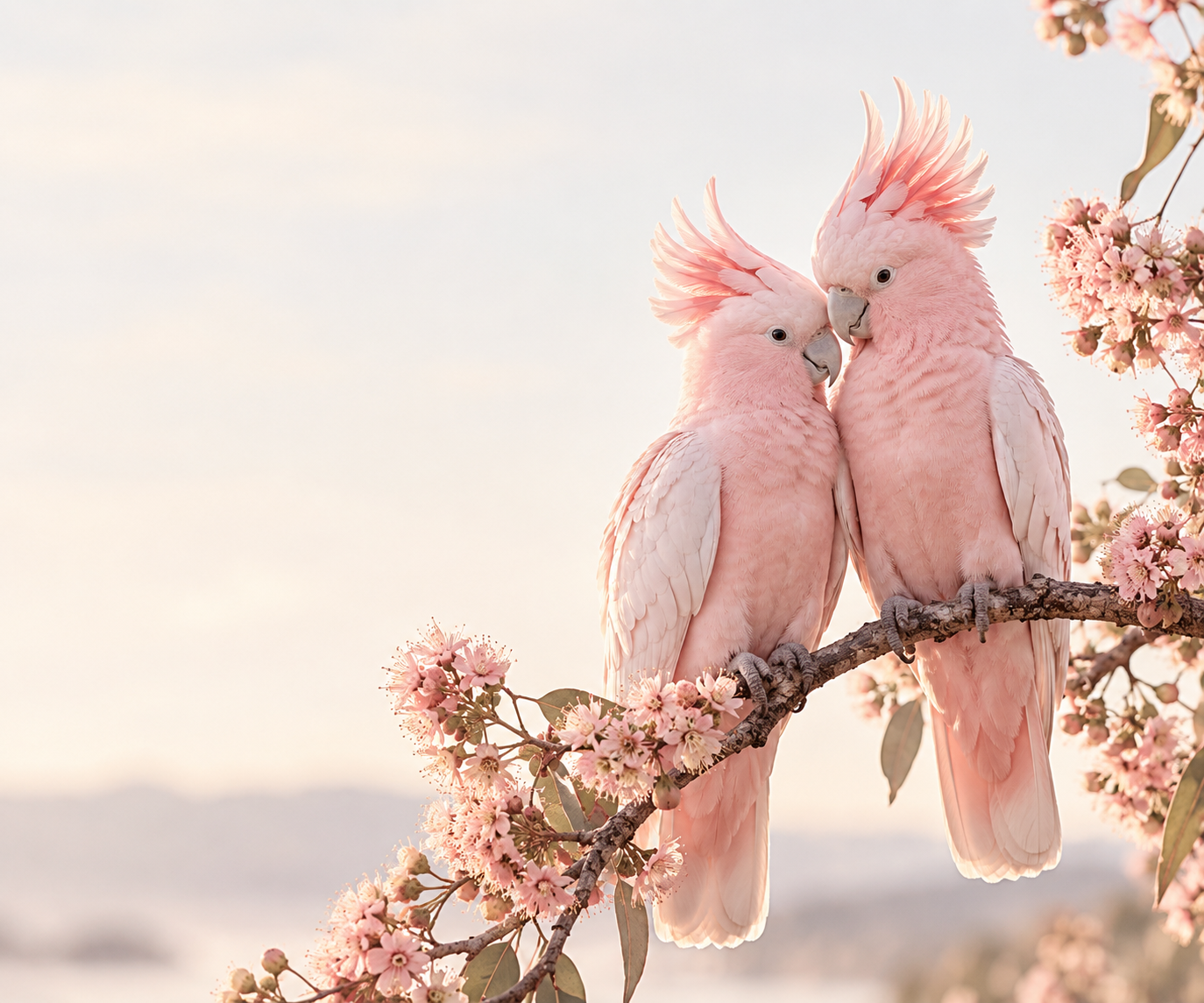 Two pink cockatoos among spring blossom