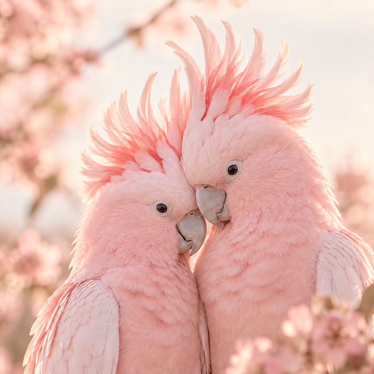 Pink cockatoo among spring blossom, close up
