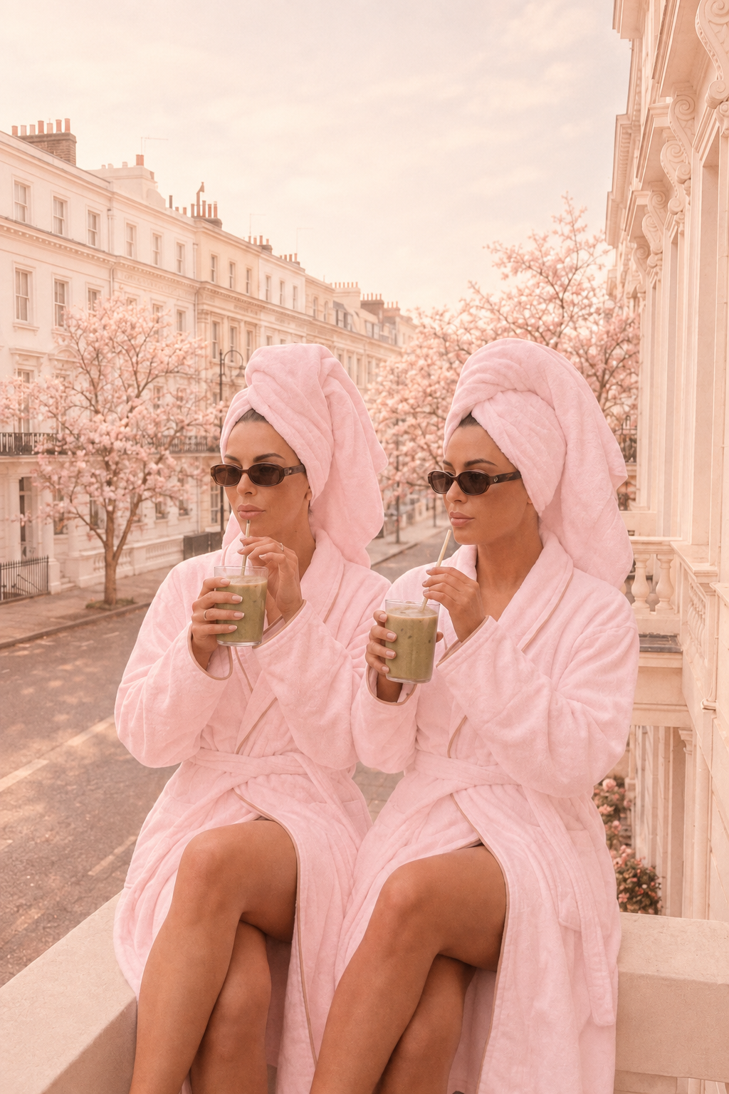 Two women in pink robes under spring blossom