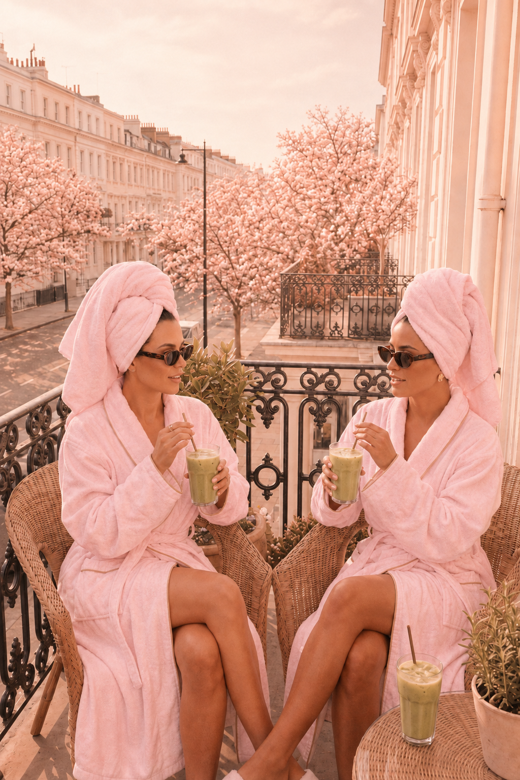 Two women in pink robes on a balcony over a blossom lined street