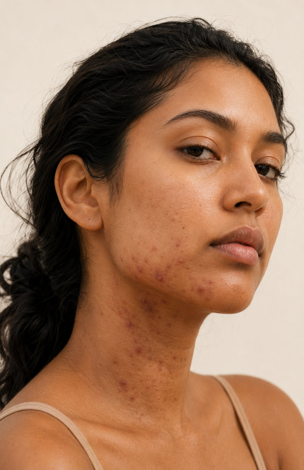 Hormonal-driven acne, Fitzpatrick IV skin, close-up showing inflammatory lesions along the jawline and lower face