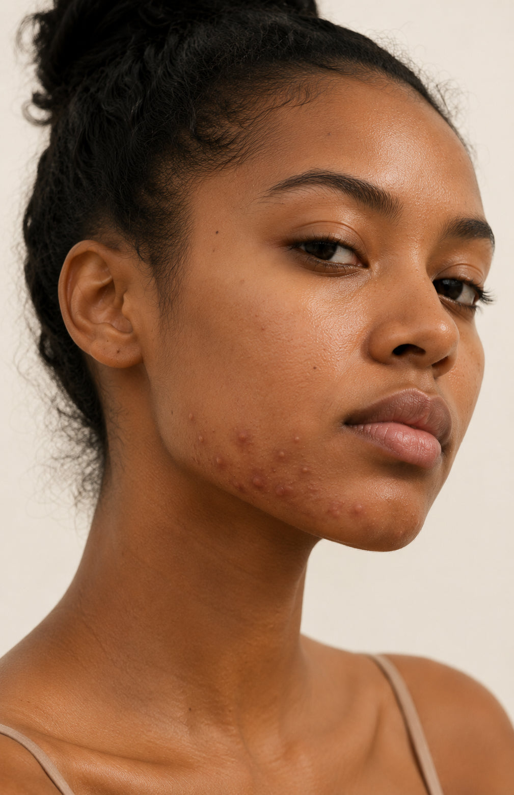Acne mechanica, Fitzpatrick V skin, close-up showing friction-pattern lesions along the jawline and chin