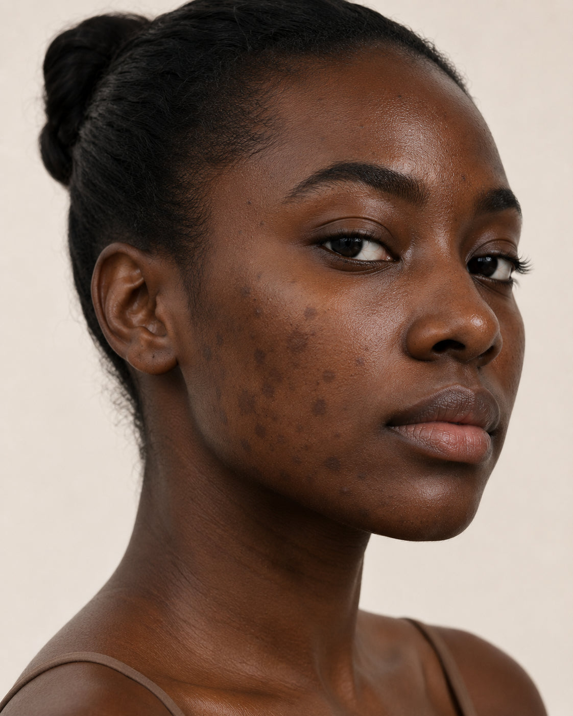 Post-inflammatory hyperpigmentation, Fitzpatrick VI skin, close-up showing flat brown macules where breakouts used to be