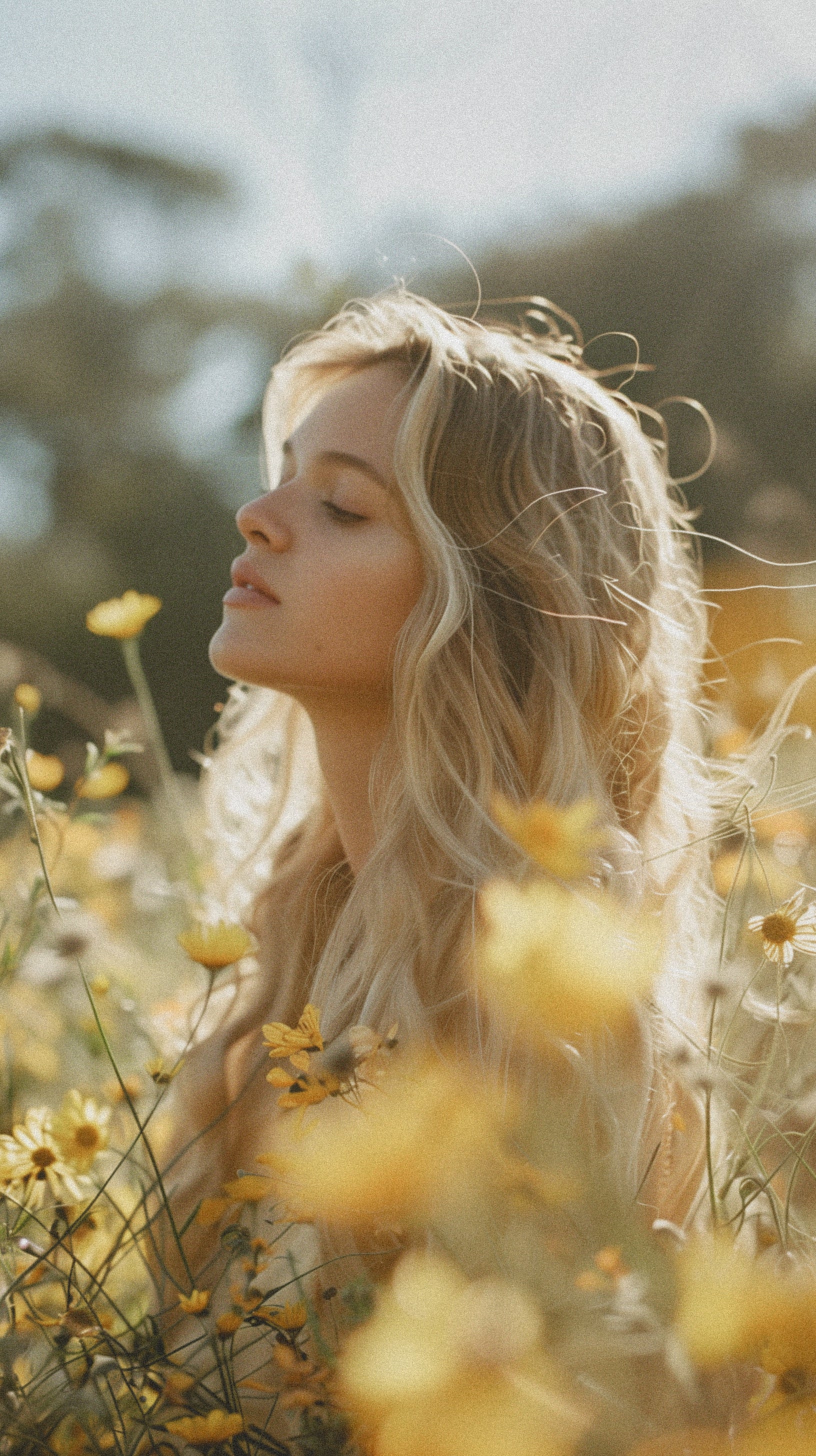 A woman in profile in a field of yellow flowers, late afternoon Australian light.