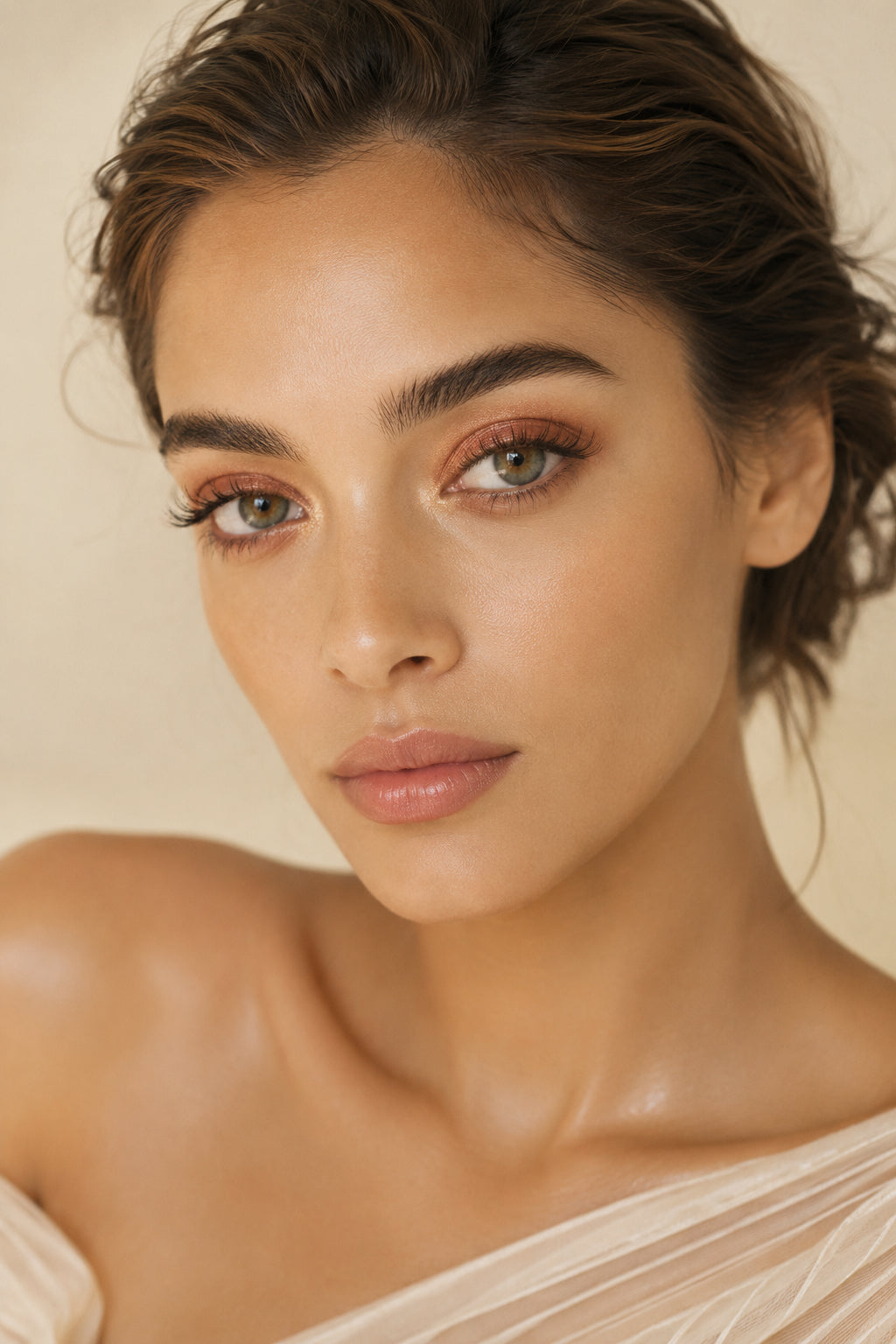 Editorial portrait, calm skin in soft natural light.